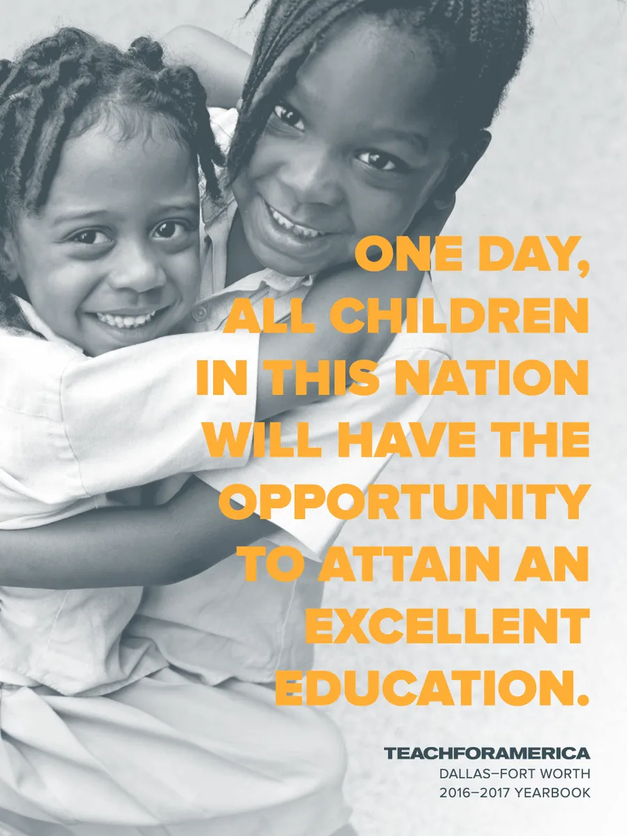 Cover of the 2016–17 yearbook: two smiling children hugging, with orange text about every child having the opportunity to attain an excellent education.