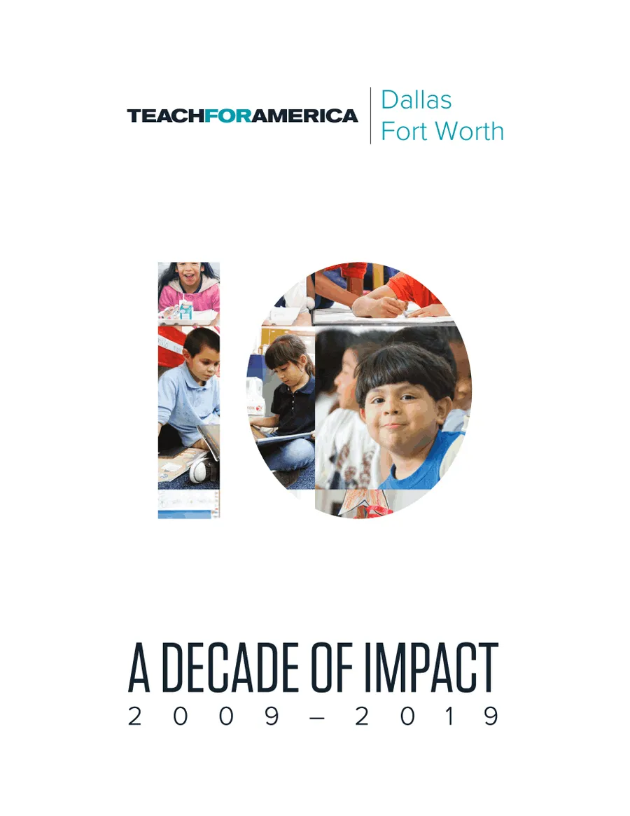 Cover of A Decade of Impact, 2009 to 2019, with a large number 10 made of classroom photos.